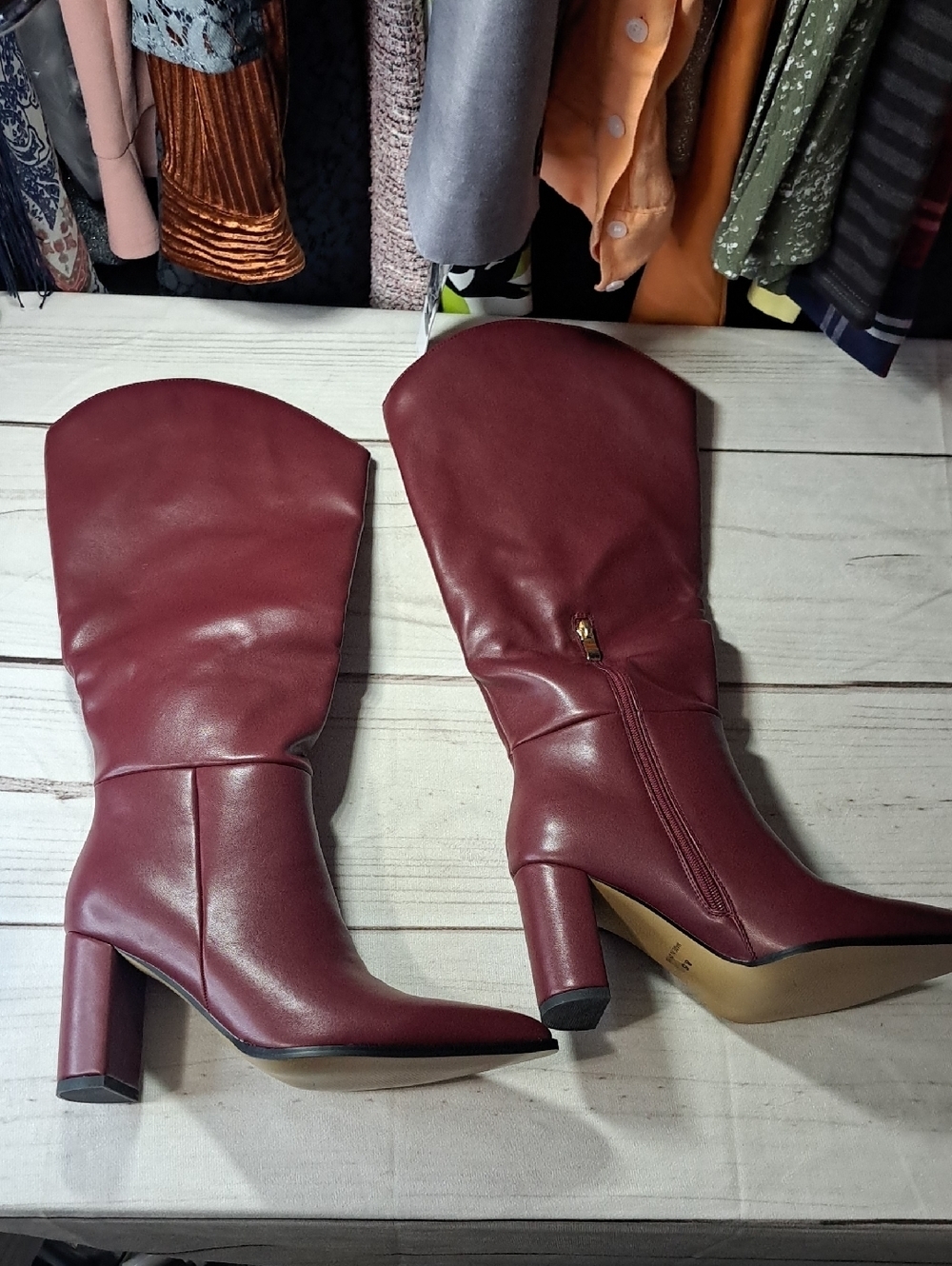 Burgundy Mid-Calf Chunky Heel Boots Size 8.5